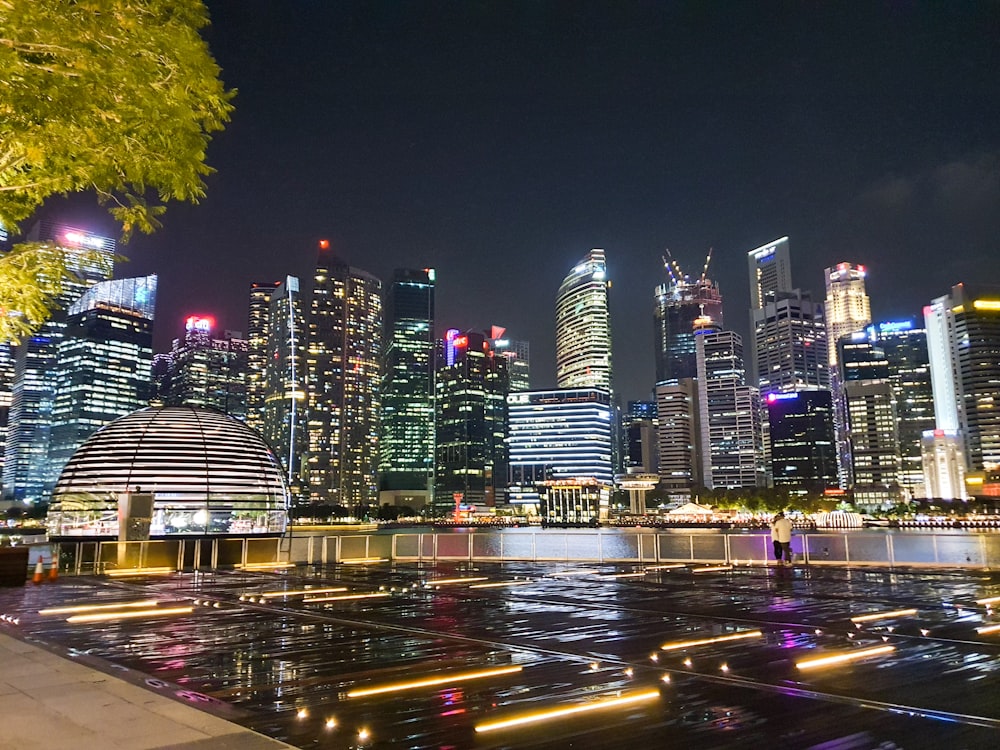 city skyline during night time