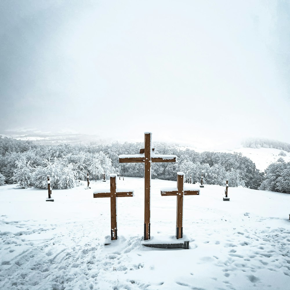 braunes Holzkreuz tagsüber auf schneebedecktem Boden