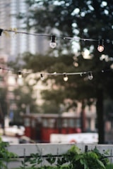 Outdoor string lights creating a warm ambiance on a Parisian balcony at dusk.