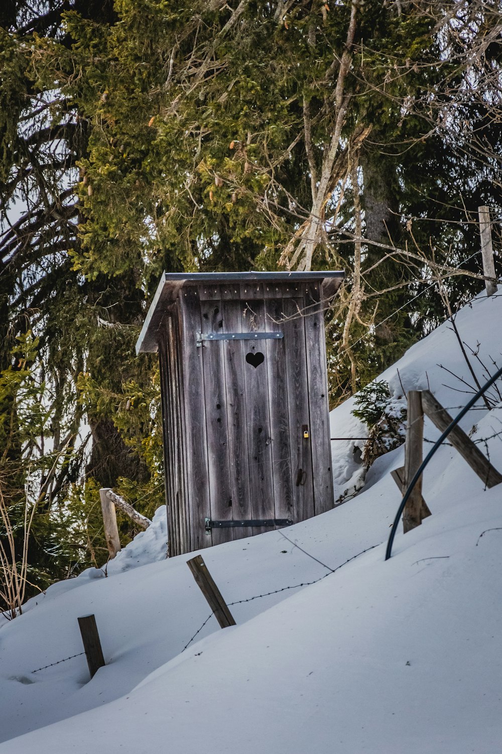 brown wooden house covered with snow near green trees during daytime