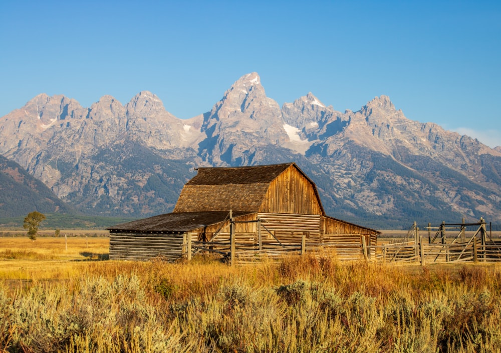 brown wooden barn on brown grass field near snow covered mountain during daytime