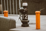 A street scene featuring a black fire hydrant with the number 12 painted on it. The hydrant is positioned on a tiled sidewalk, surrounded by two bright orange bollards and a metal barrier.