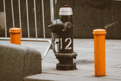 A street scene featuring a black fire hydrant with the number 12 painted on it. The hydrant is positioned on a tiled sidewalk, surrounded by two bright orange bollards and a metal barrier.