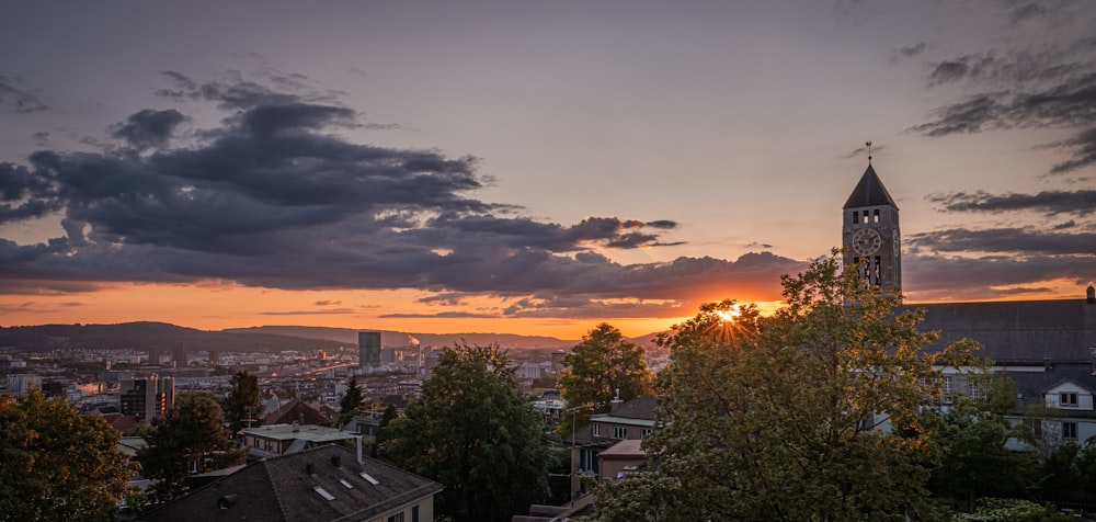 green trees and buildings during sunset