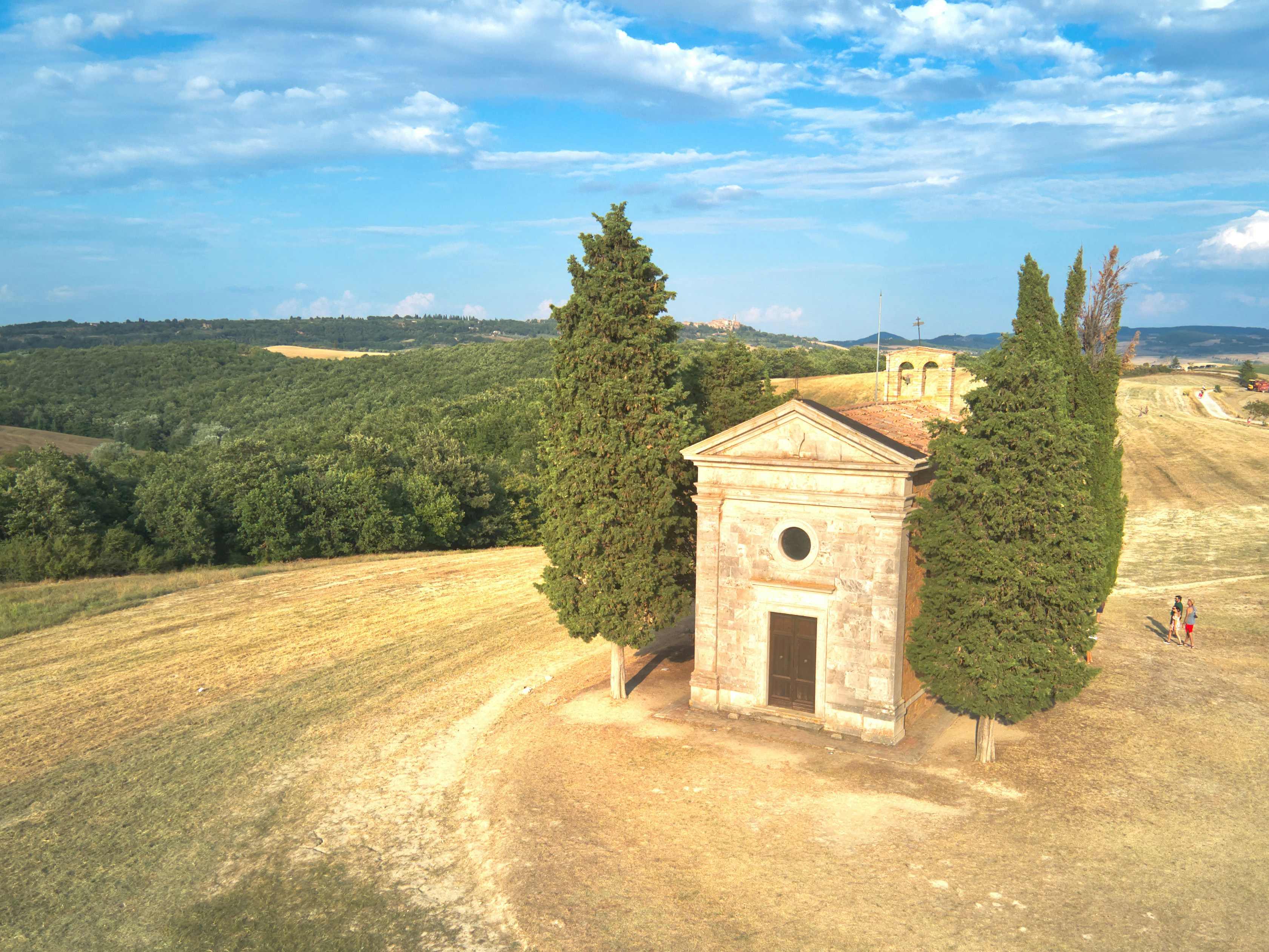 Aerial view of the Cappella della Madonna di Vitaleta (Vitaleta Chapel) in Parco della Val d'Orcia. San Quirico d'Orcia, 2020.