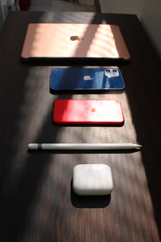 Brightly colored electronic gadgets arranged neatly on a soft, cozy fabric surface.