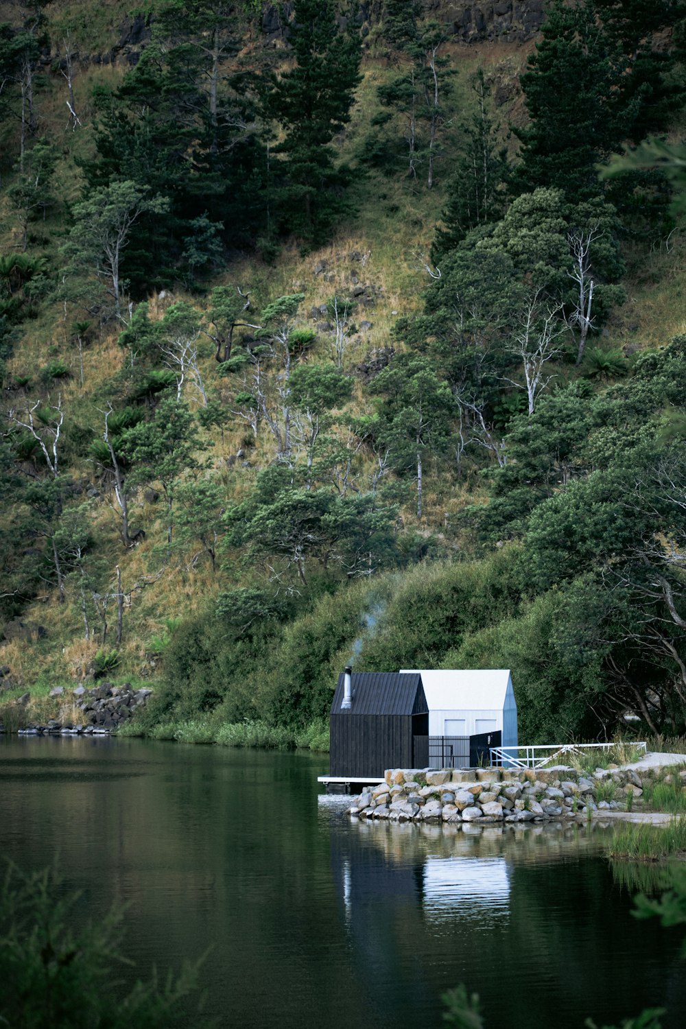 blue and white wooden house beside green trees and body of water during daytime