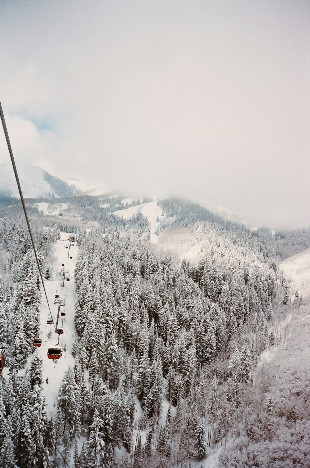 cable cars over snow covered mountain