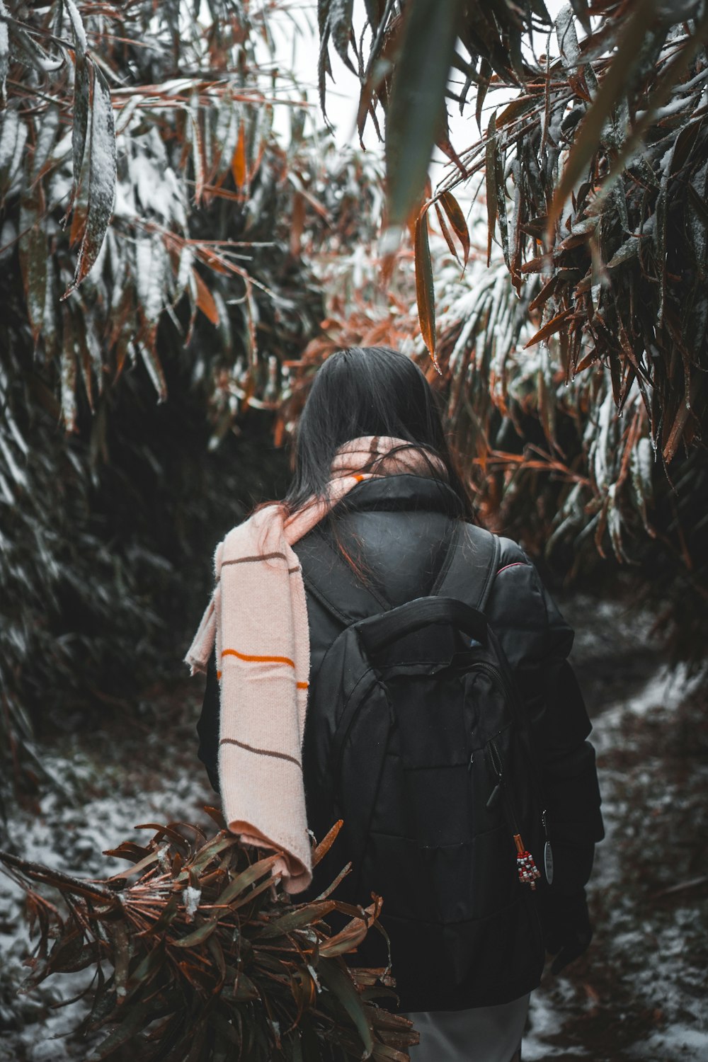 woman in black jacket and brown backpack standing on dried leaves during daytime