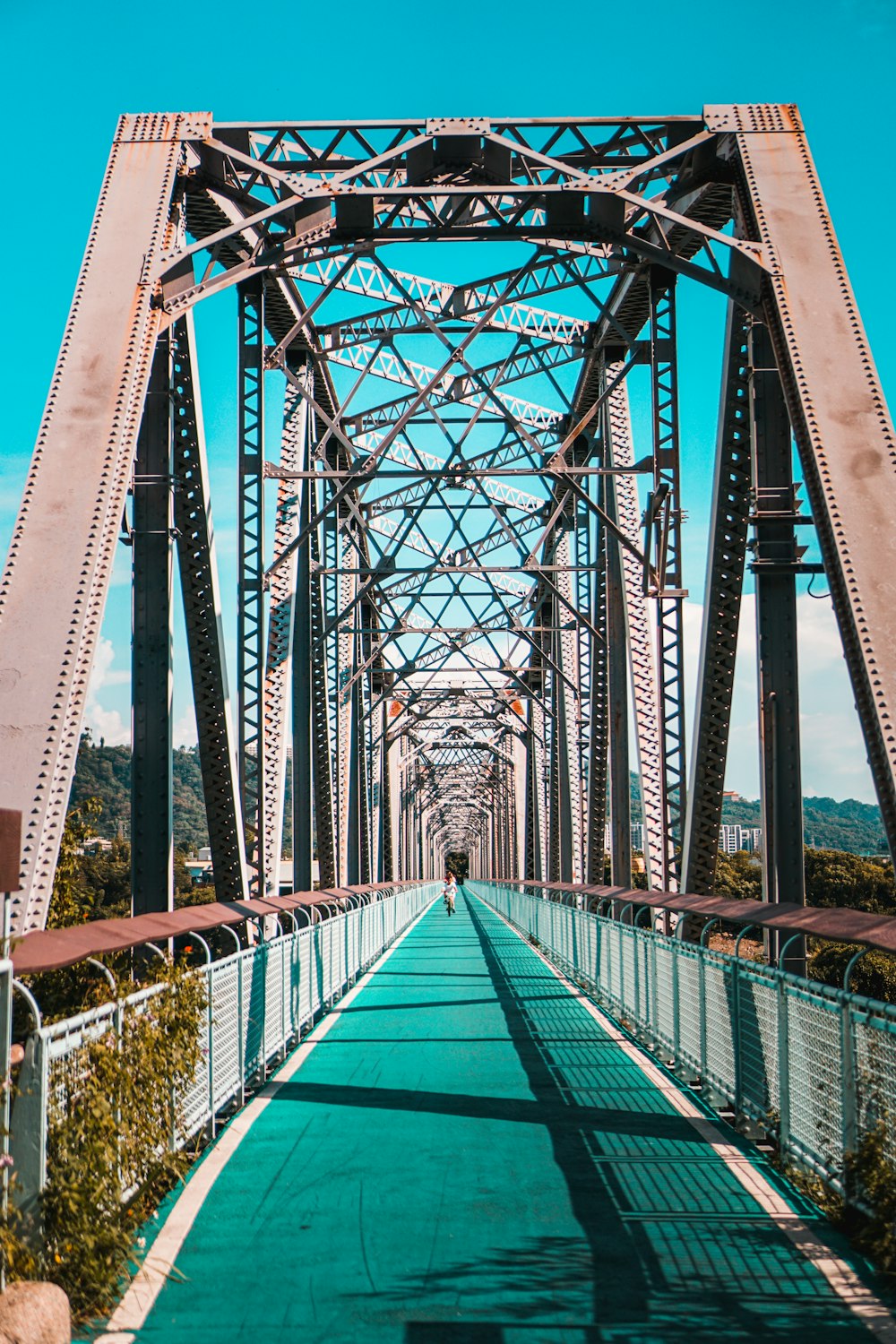 昼間の川に架かる緑の金属橋