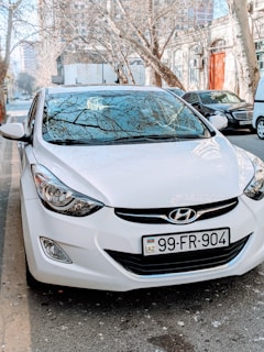 A white Hyundai car is parked on the side of a street, with bare trees and buildings in the background. The license plate reads 'AZ 99-FR-904'. Reflections of the trees are visible on the car's windshield.