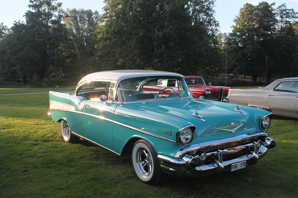 blue classic car parked on green grass field during daytime