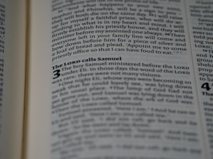An open book displaying text in a serif font on light-colored pages. The visible text includes a heading and several lines of body text, with certain words emphasized in bold.
