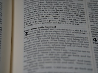 An open book displaying text in a serif font on light-colored pages. The visible text includes a heading and several lines of body text, with certain words emphasized in bold.