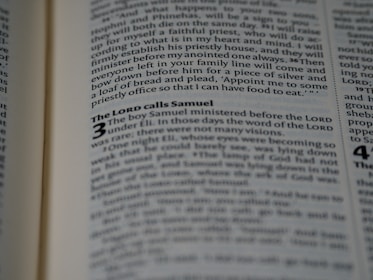 An open book displaying text in a serif font on light-colored pages. The visible text includes a heading and several lines of body text, with certain words emphasized in bold.