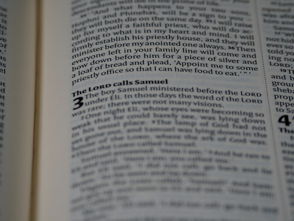 An open book displaying text in a serif font on light-colored pages. The visible text includes a heading and several lines of body text, with certain words emphasized in bold.