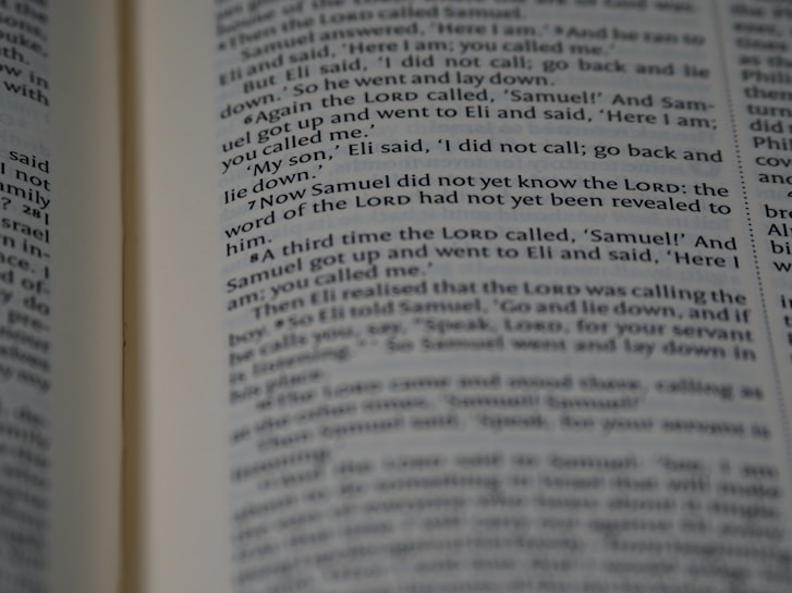 Pages of a book are open, displaying text with passages highlighted in bold. The content appears to be a narrative or dialogue, as it involves characters and possibly a storyline.