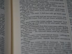 Pages of a book are open, displaying text with passages highlighted in bold. The content appears to be a narrative or dialogue, as it involves characters and possibly a storyline.