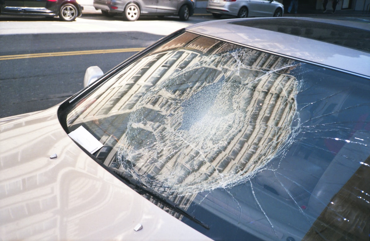 A broken car windshield