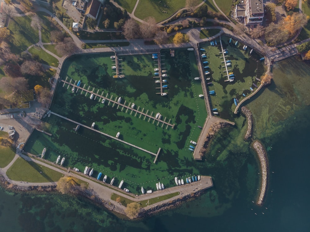 aerial view of green field and river