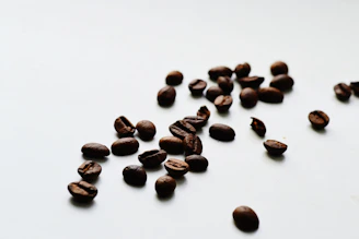 Minimalist shot of premium coffee beans scattered on a white surface with soft shadows.