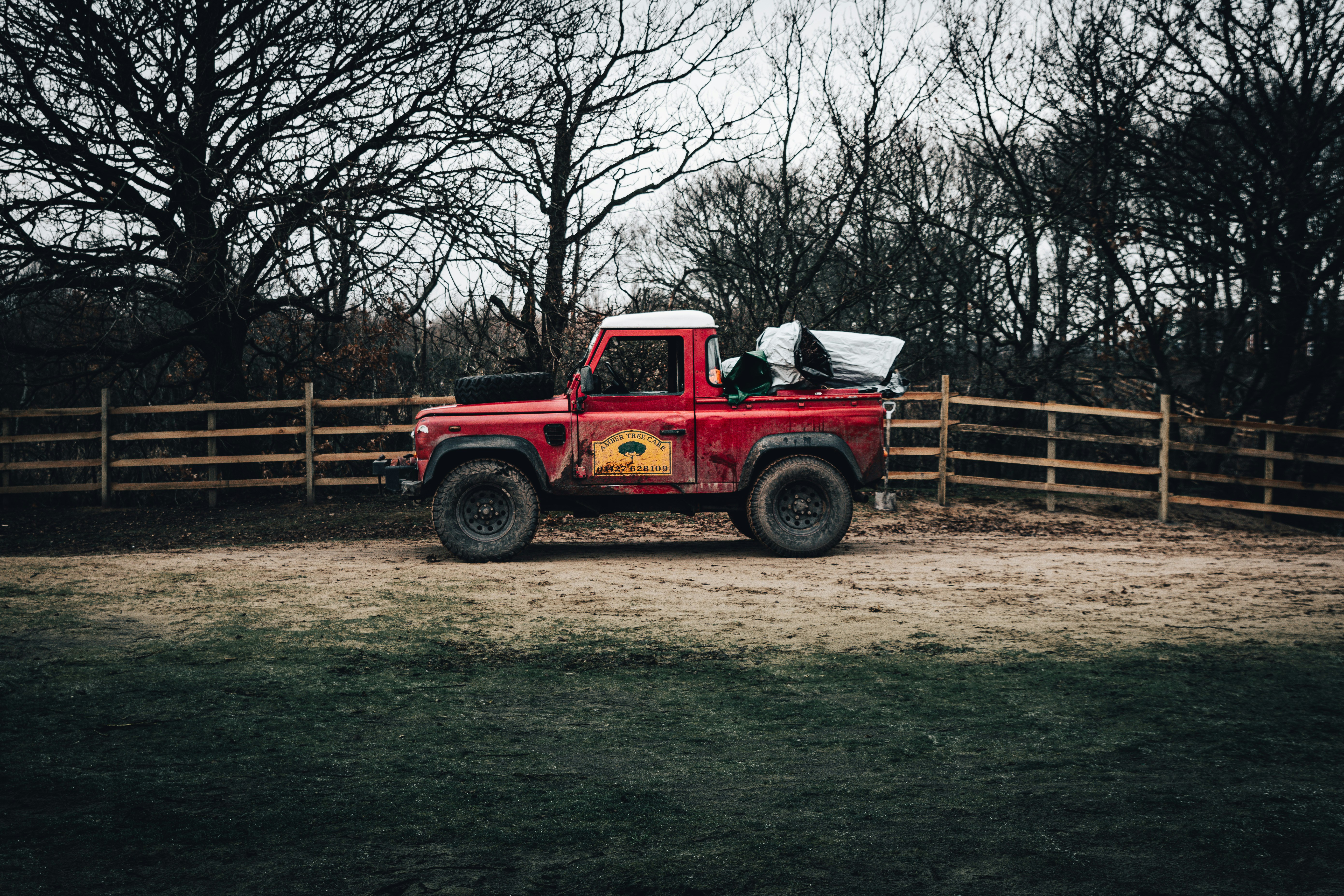 red and black single cab pickup truck parked on green grass field near bare trees during