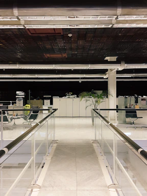 Modern office workspace with epoxy flooring and construction materials