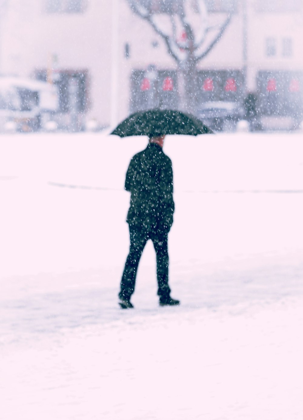 日中、雪に覆われた地面を歩く傘を持った黒いジャケットの人