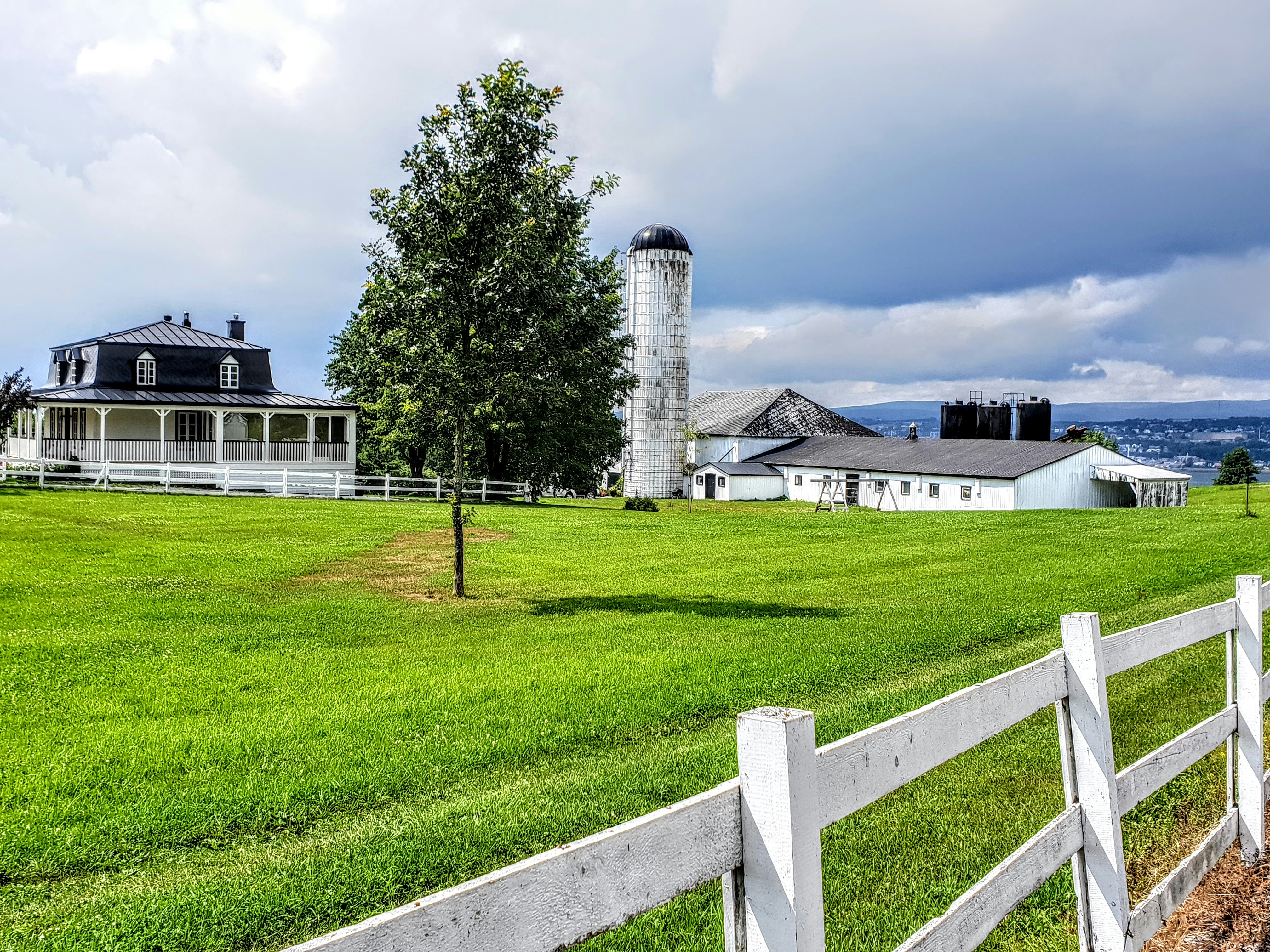 White and gray house near green grass field and trees under white ...