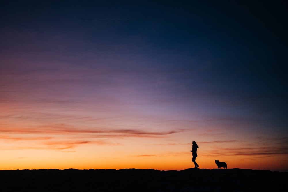 silhouette of 2 people standing on hill during sunset