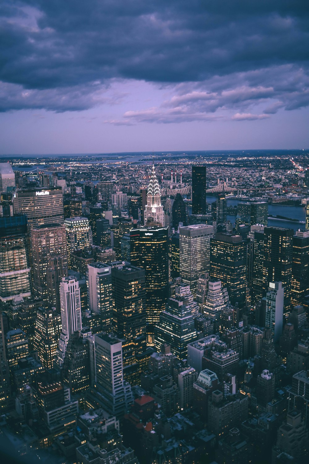 aerial view of city buildings during night time