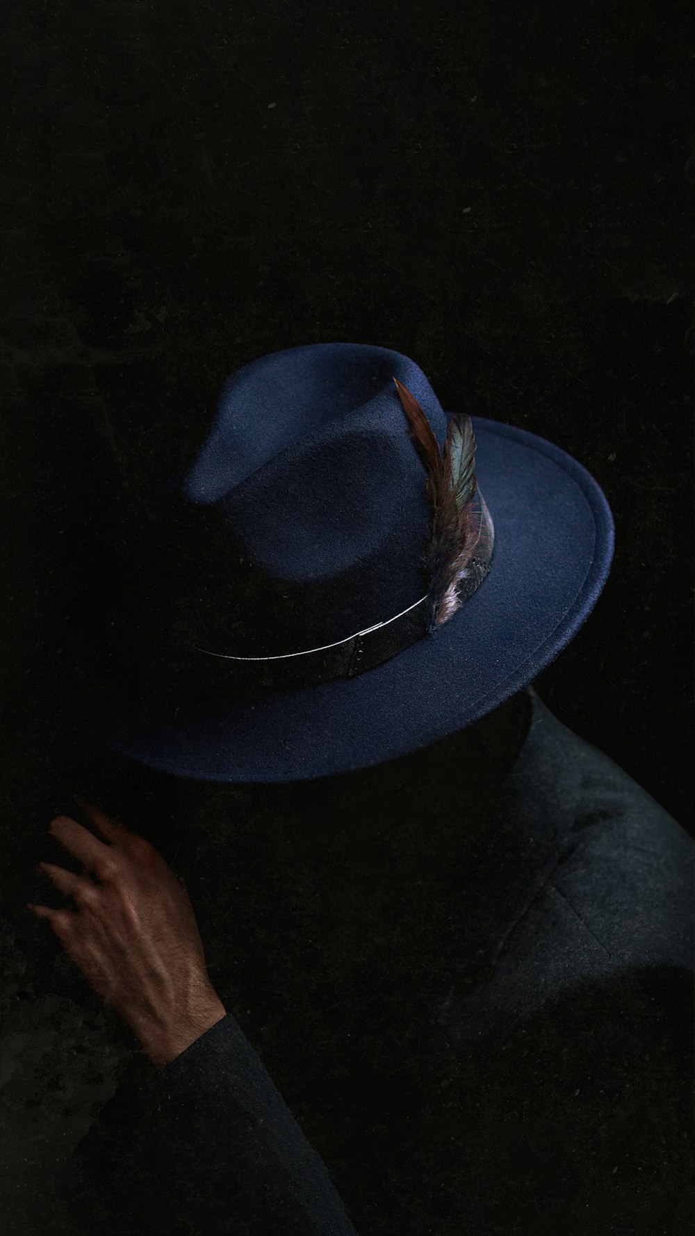 person holding black fedora hat