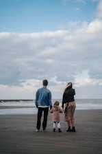 A happy family enjoying a scenic beach vacation together