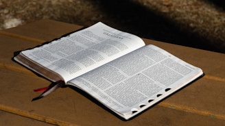 An open book is placed on a wooden surface, with sunlight casting over it. The pages display printed text, focusing on the book of Galatians. A red ribbon bookmark is visible.