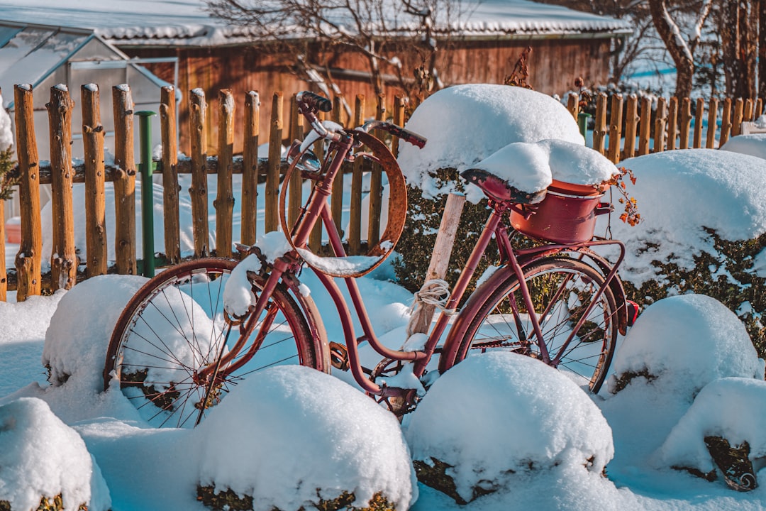 red city bike covered with snow