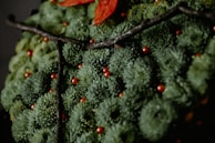 Close-up of a spring wreath with pastel flowers and glossy epoxy-coated berries catching the light.