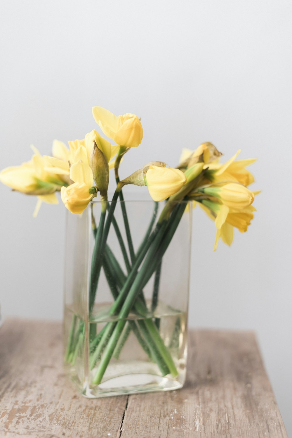 透明なガラスの花瓶に黄色い花