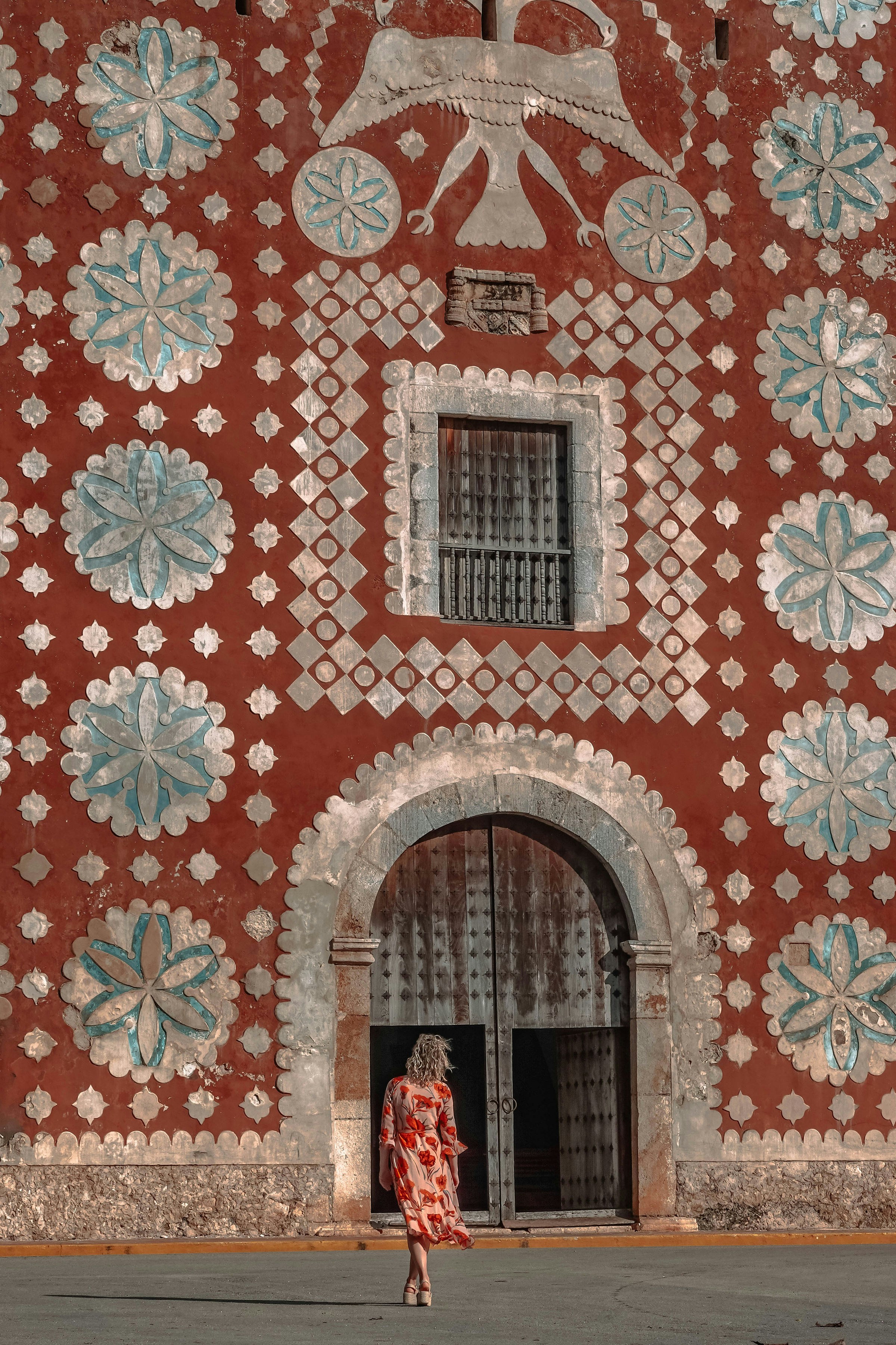 red and white floral arch window