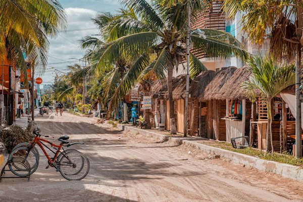 Bicycle parked beside palm tree near brown wooden building during daytime — Isla Holbox, Mexico
