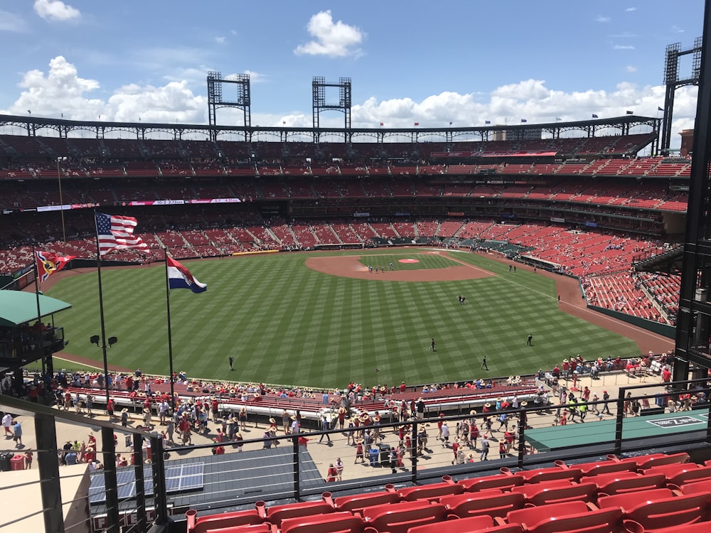 a view of a baseball field from the upper level of a stadium