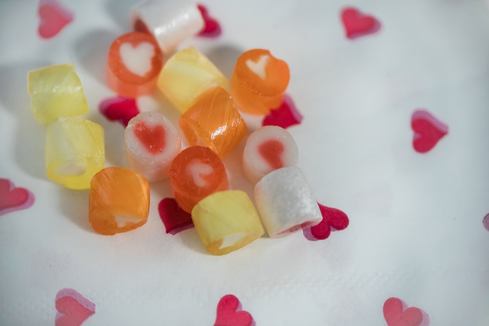 yellow white and red candies