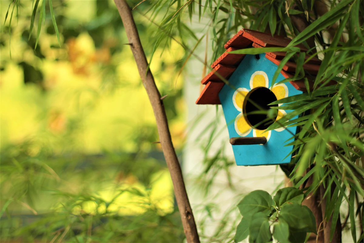 Wooden birdhouse mounted on a tree branch