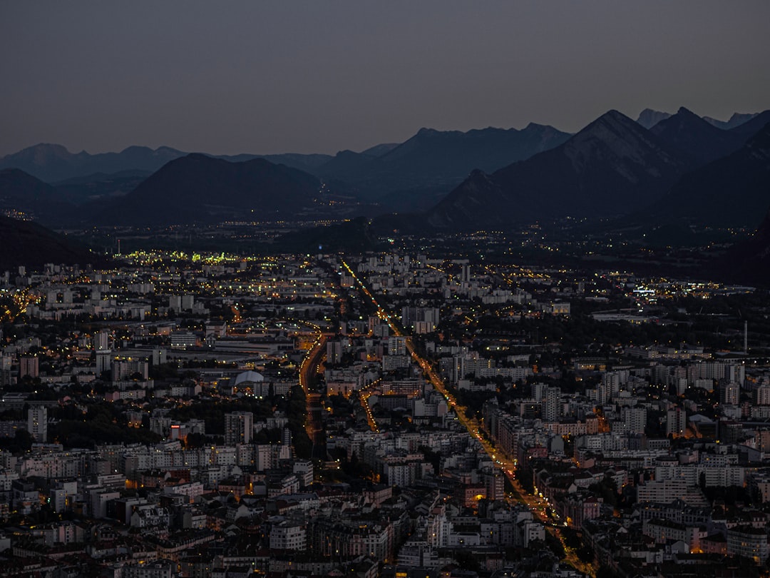 aerial view of city buildings during night time