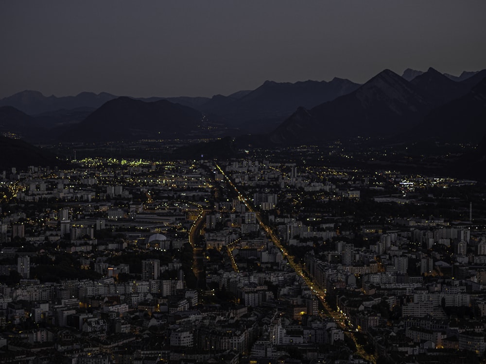 aerial view of city buildings during night time