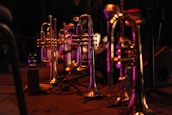 Several brass instruments, possibly trombones or trumpets, are standing upright on a dimly lit stage. The instruments are reflecting purple and orange stage lights, creating a vibrant and warm atmosphere. Nearby, a water bottle with a sleeve rests on the floor. The background includes elements of stage equipment, such as a microphone stand, blurred in the depth of field.