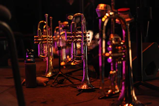Felix Ponce performing with his trombone in a warmly lit Chicago jazz venue, surrounded by vintage instruments and subtle brass tones.