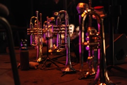 Several brass instruments, possibly trombones or trumpets, are standing upright on a dimly lit stage. The instruments are reflecting purple and orange stage lights, creating a vibrant and warm atmosphere. Nearby, a water bottle with a sleeve rests on the floor. The background includes elements of stage equipment, such as a microphone stand, blurred in the depth of field.