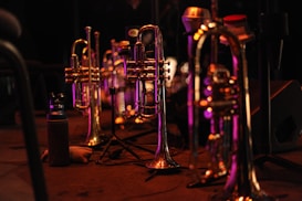 Several brass instruments, possibly trombones or trumpets, are standing upright on a dimly lit stage. The instruments are reflecting purple and orange stage lights, creating a vibrant and warm atmosphere. Nearby, a water bottle with a sleeve rests on the floor. The background includes elements of stage equipment, such as a microphone stand, blurred in the depth of field.