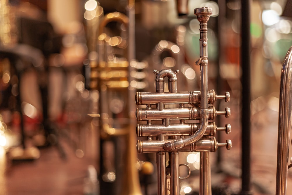 brass trumpet in close up photography