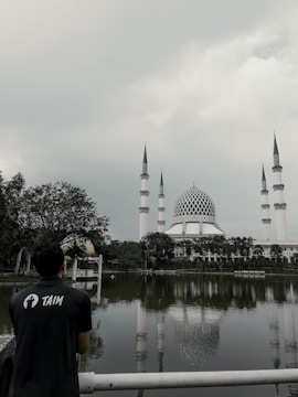 A person wearing a shirt with the word 'TAIM' stands near a fence overlooking a reflective body of water. Across the water, a large mosque with four tall minarets and a distinctive blue and white dome is surrounded by trees under a cloudy sky.